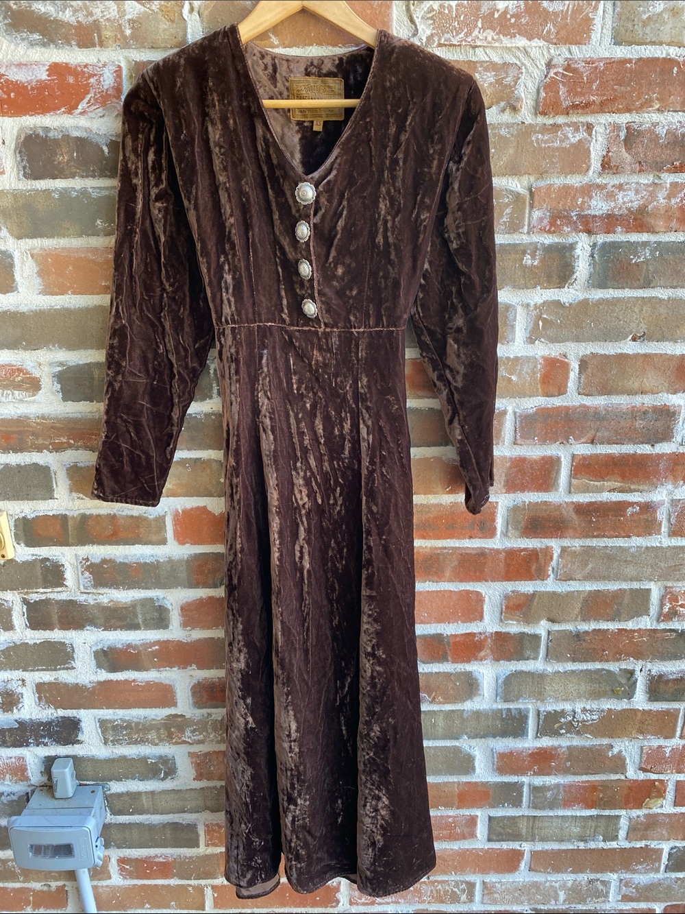 Double D Ranch Brown Velvet Long Sleeve V-Neck Dress Concho Buttons